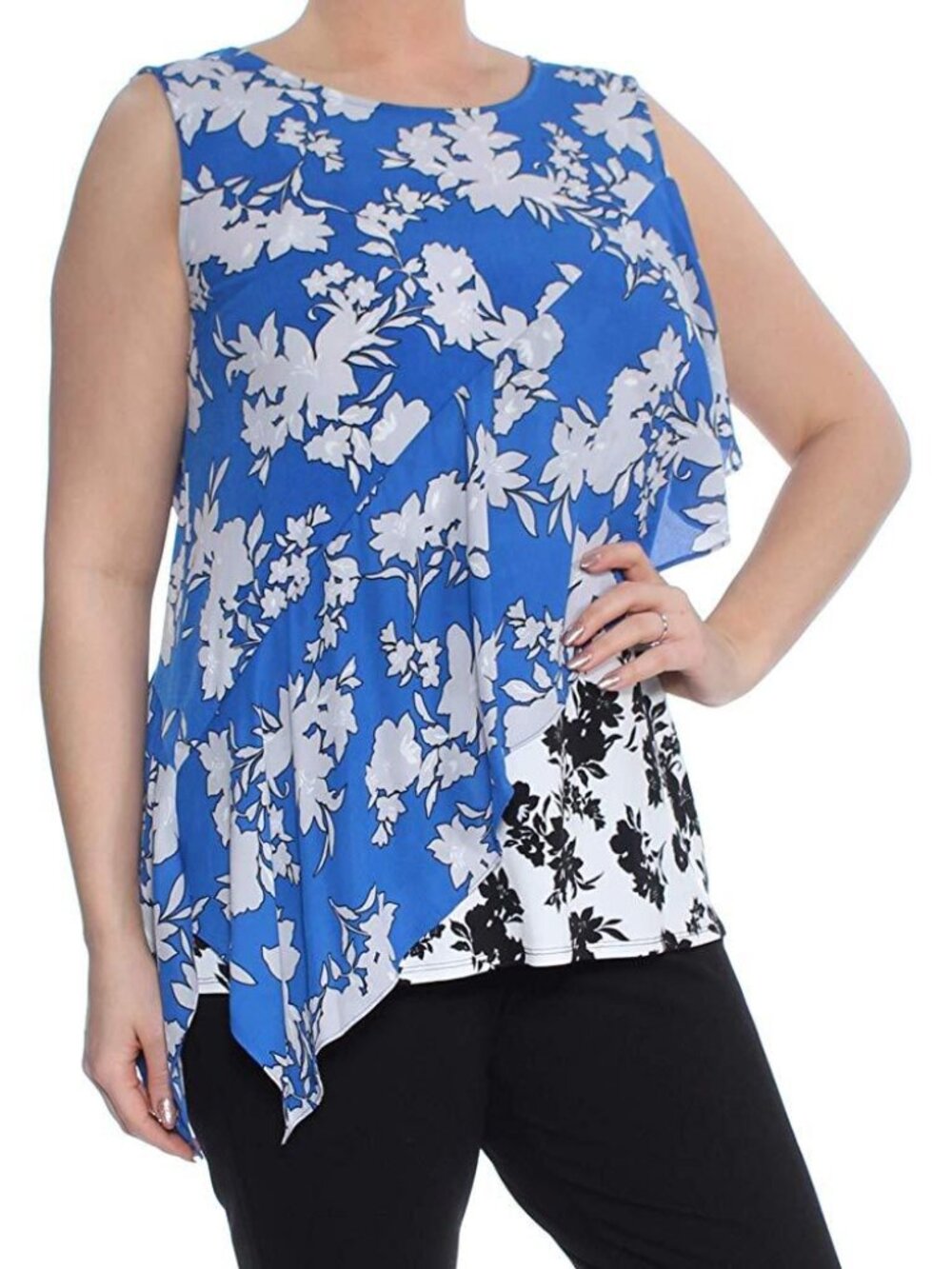 Alfani Womens Asymmetrical Mixed print Sleeveless Jewel Neck Top